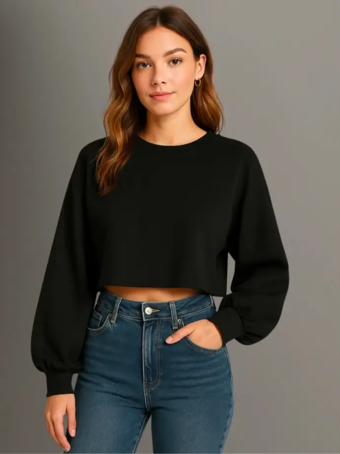 DTR FASHIONT Women Solid Round Neck Cotton Blend Black T-Shirt